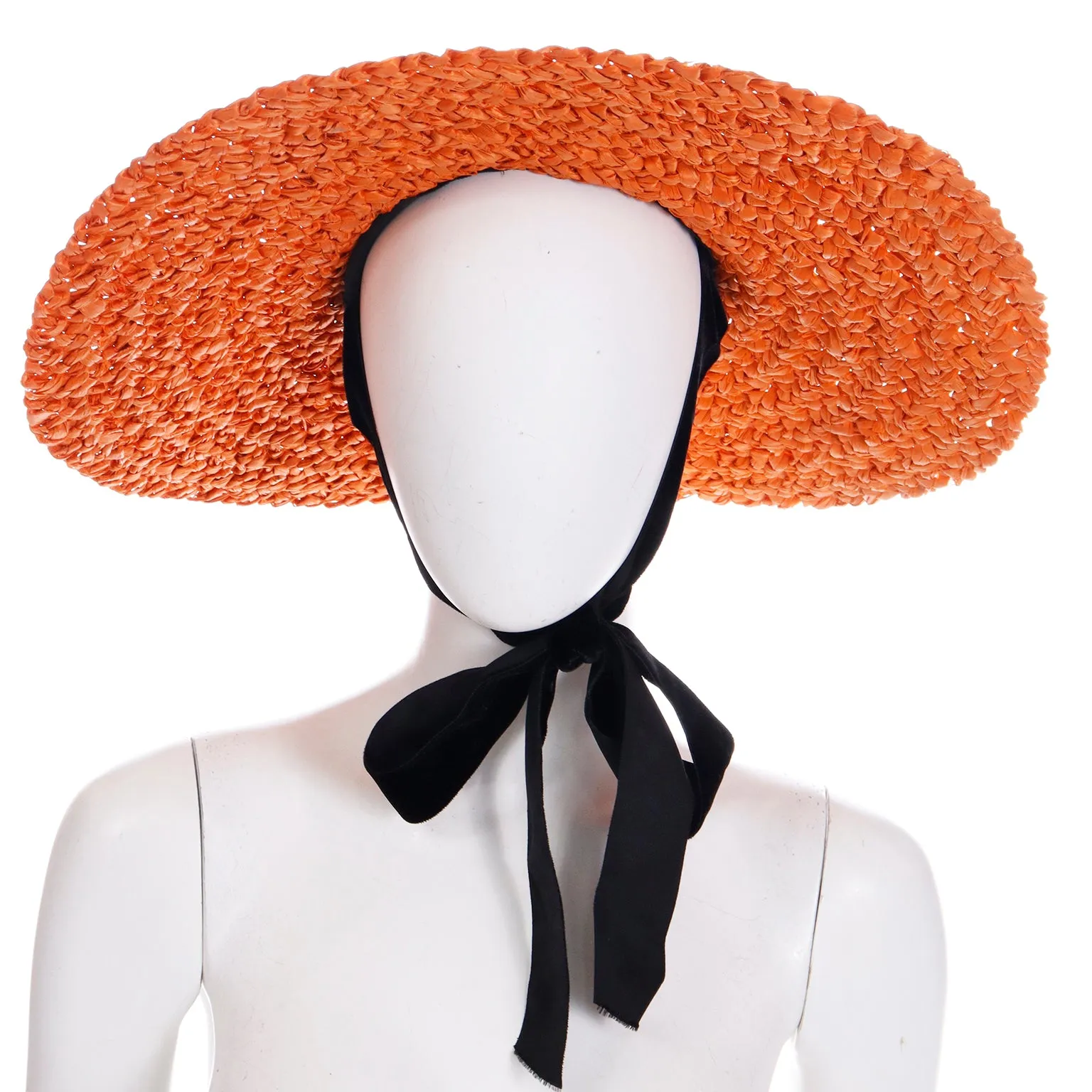 1940s Orange Straw Wide Brim Vintage Hat w Black Ribbon and Tie