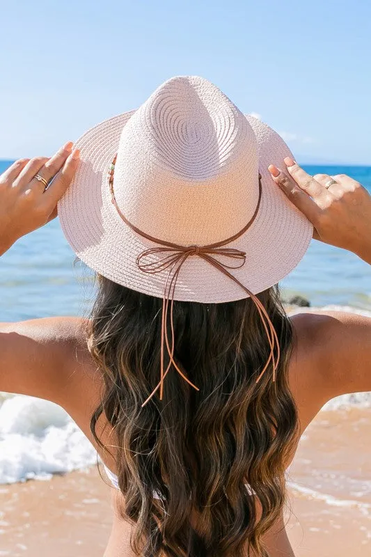 Beaded Belt Straw Panama Fedora Hat