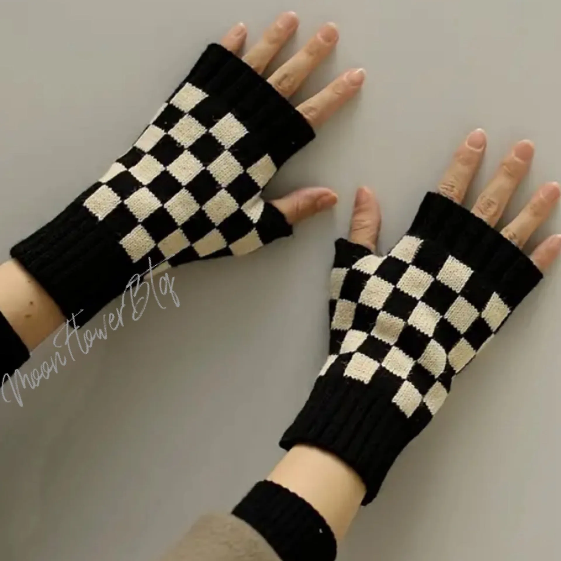 Black and White Checkerboard Knit Fingerless Gloves