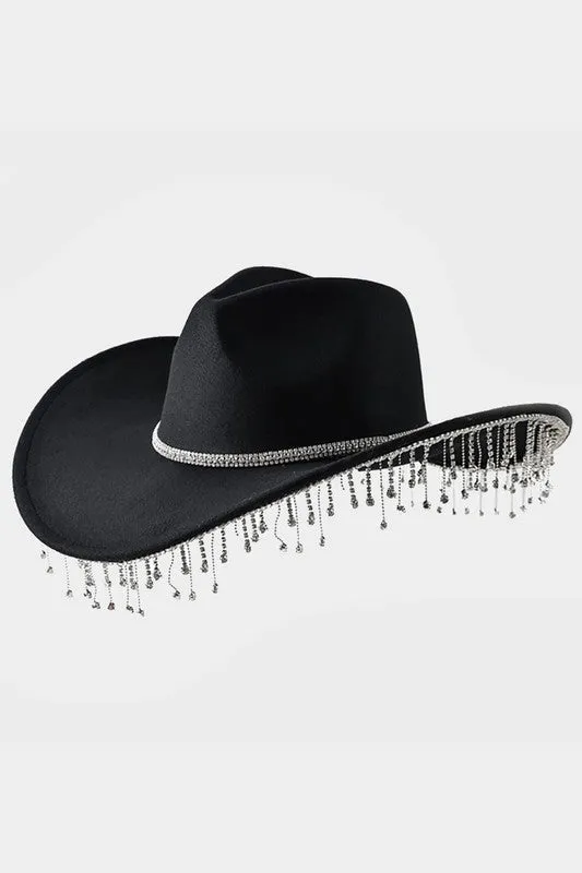 Black Rhinestone Band Paved Fringe Cowboy Western Hat