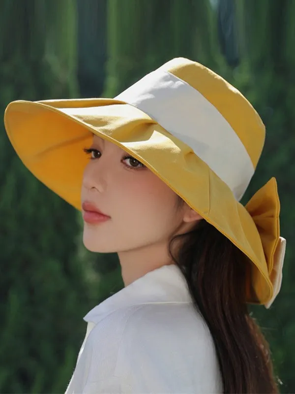 Bowknot Contrast Color Pleated Split-Joint Fisherman Hat Sun Hat