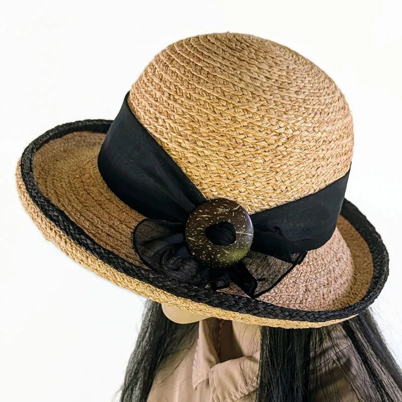 Braided Raffia Sun Hat with black raffie edge, black scarf and coconut buckle, adjustable fit