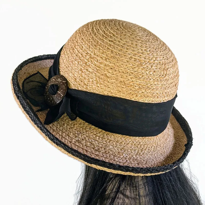 Braided Raffia Sun Hat with black raffie edge, black scarf and coconut buckle, adjustable fit