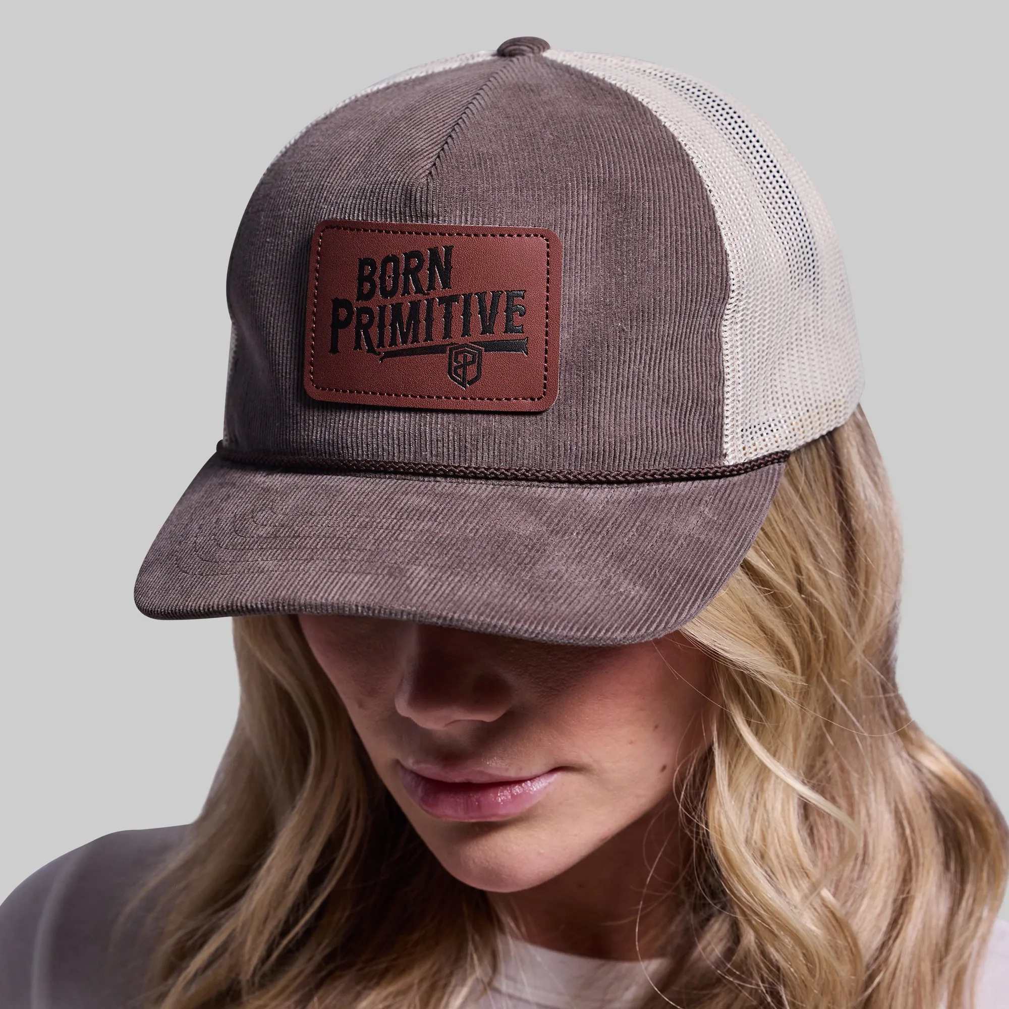 Corduroy Leather Patch Trucker Hat (Brown/Sand)