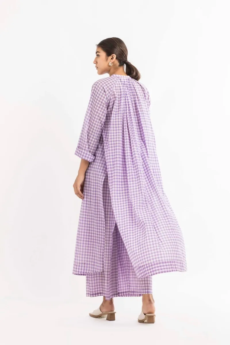 Gather Neck Shirt Co-ord Lavender Check (Set of 3)