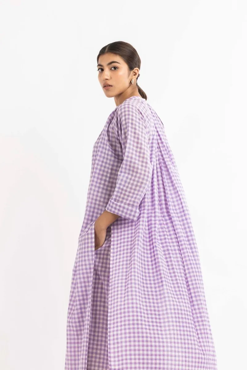 Gather Neck Shirt Co-ord Lavender Check (Set of 3)