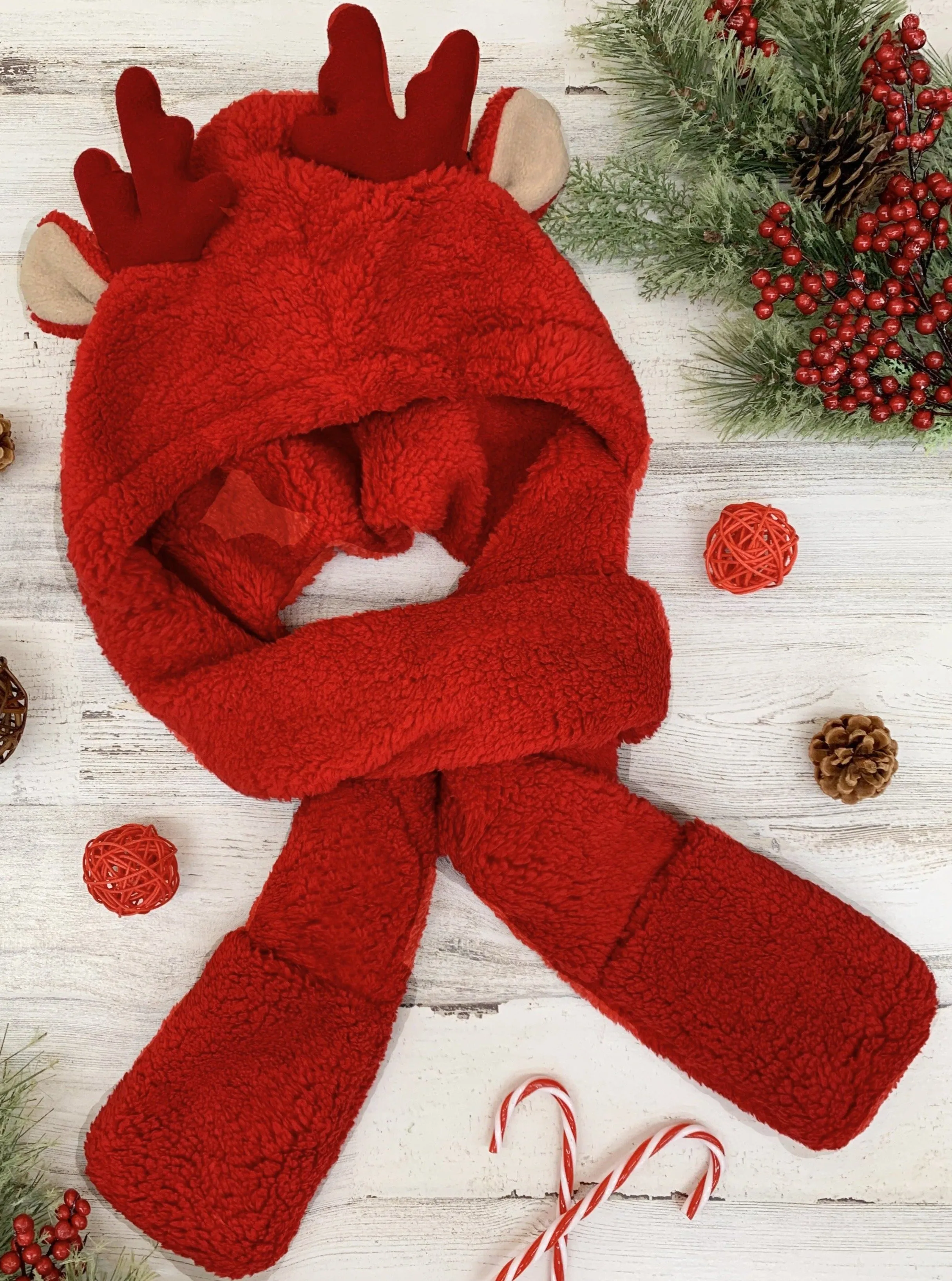 Girls Red Nosed Reindeer Hooded Pocket Scarf