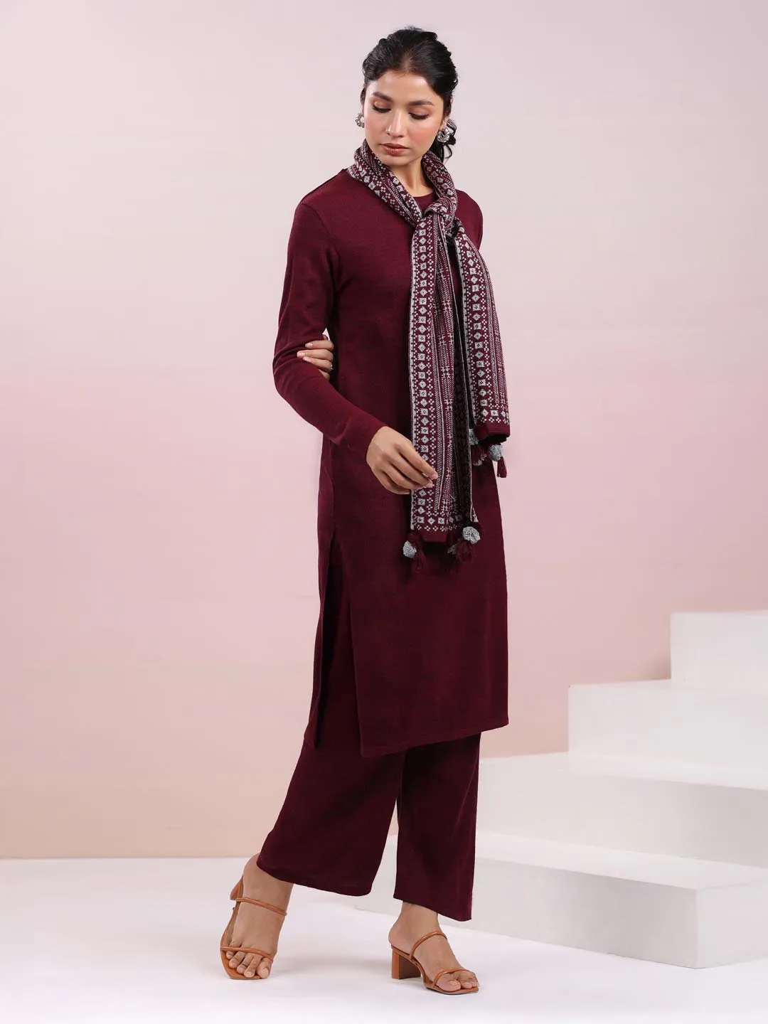 Maroon Woolen Self Design Straight Winter Kurta with Pant & Stole Set