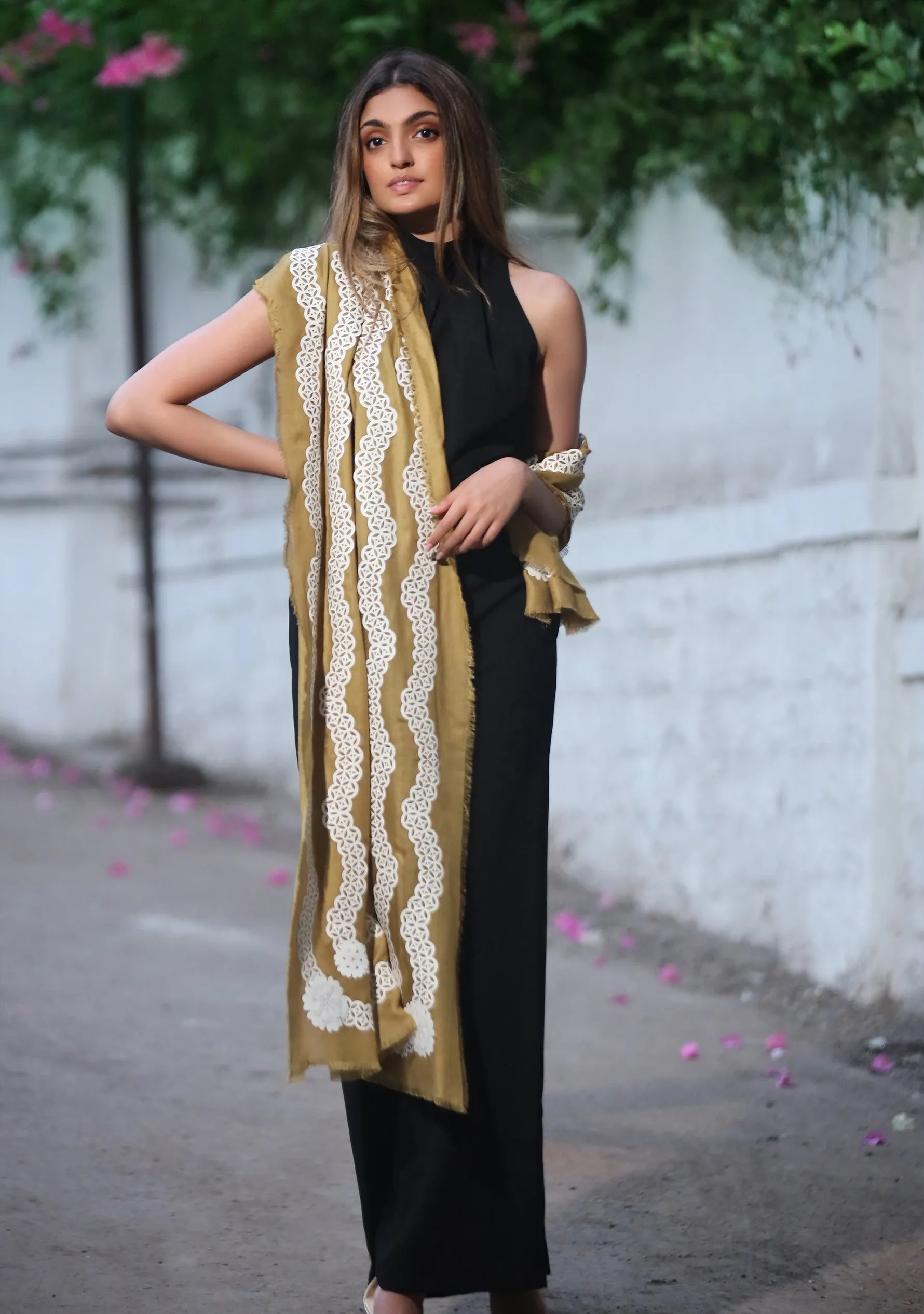 Mustard Modal Scarf with a Lasercut Ivory Faux Leather Appliqu̩ in a Scalloped Design