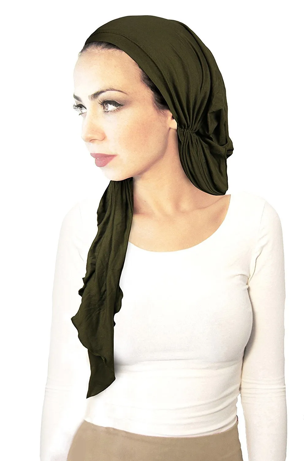 Pre-tied Head-scarf Versatile Ties Bandana Tichel Headwear Cotton in 26 Colors! (Olive green - 177)